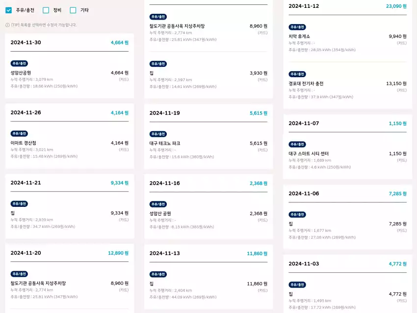 11월에 캐스퍼 일렉트릭을 충전한 내역들입니다.