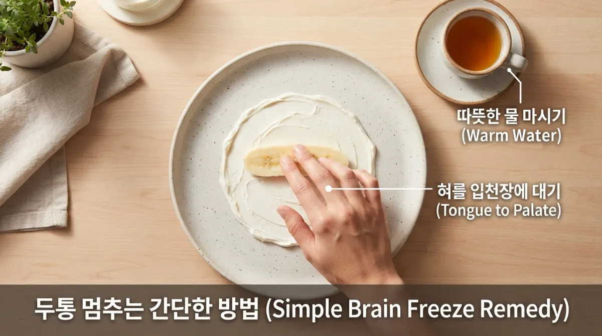 혀를 입천장에 대어 온기를 전달하고 따뜻한 물로 혈관을 이완시키는 아이스크림 두통 해결법을 보여주는 푸드 스타일링 항공샷 이미지