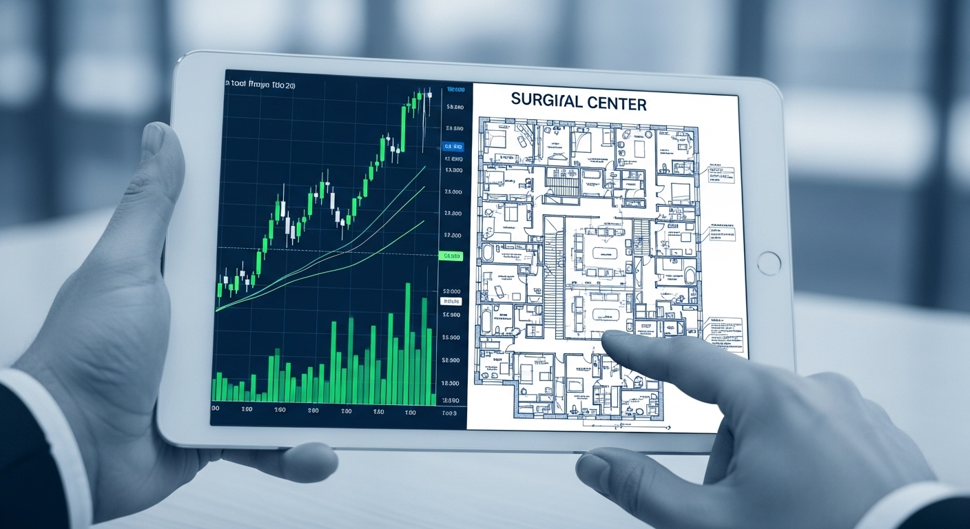 태블릿 화면에 비트코인 차트와 수술 센터 설계도가 함께 표시되어 기요사키의 재투자 계획을 시사하는 이미지.