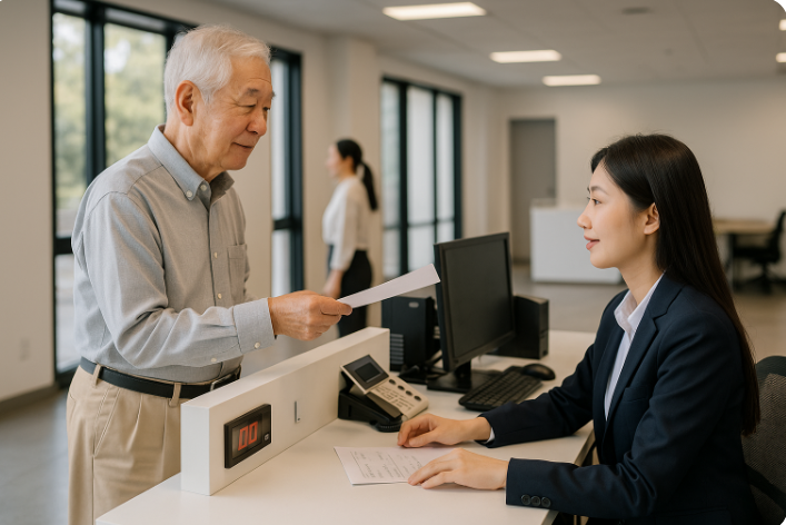상담 창구에서 서류를 제출하는 노년 남성과 이를 안내하는 직장인의 모습