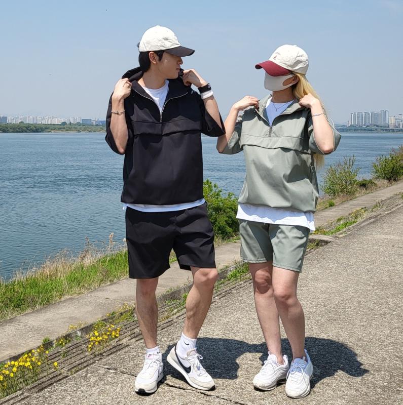 남성트레이닝세트 피그먼트 커플 트레이닝복 남자 트레이닝 세트 반팔 아노락 스웻 셋업