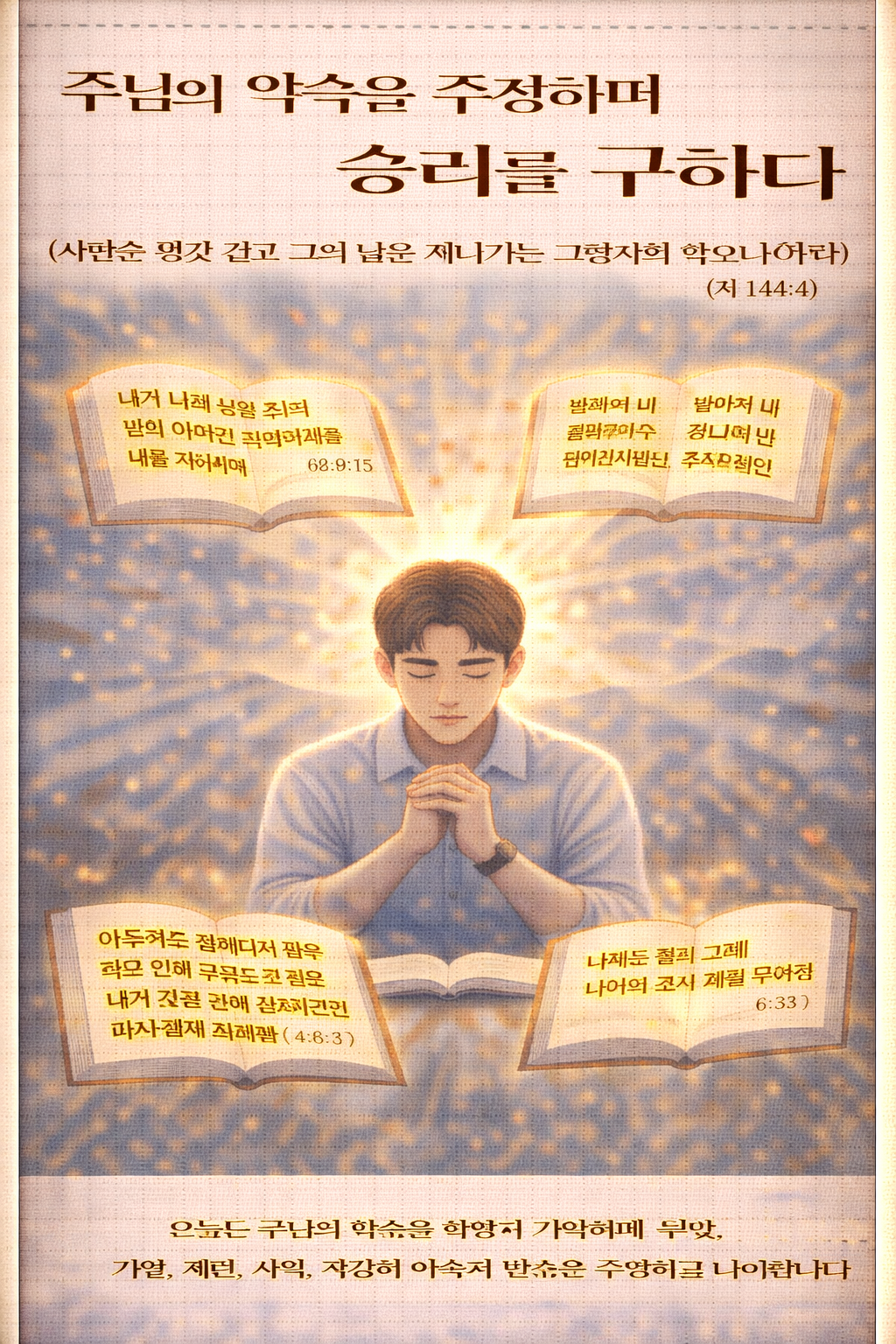 시 144:4 말씀을 보며&amp;#44; 다윗이 경쟁의 순간&amp;#44; 싸움을 앞두고 있는 순간에 인생이 지나가는 그림자와 같다는 시야를 가지고 살아가는 자가 되며&amp;#44; 약속을 주장하며 힘있게 승리하는 자가 되길 간절히 기도합니다. 이를 위해 오늘도 주님의 약속을 주장하며 약속의 말씀을 선명히 기억하며 일생&amp;#44; 가정&amp;#44; 개인&amp;#44; 사역&amp;#44; 직장의 약속의 말씀을 주장하는 모습입니다.