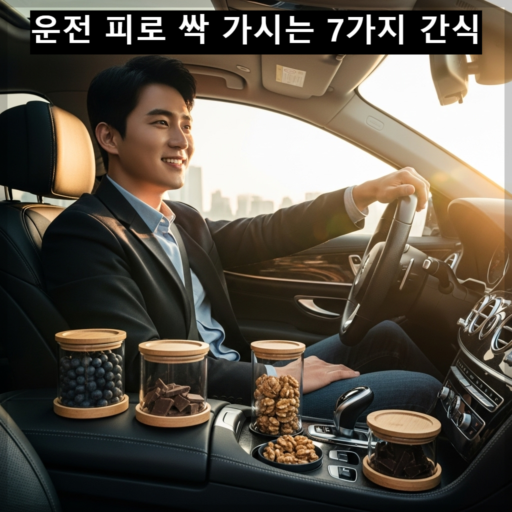자동차 컵홀더와 센터페시아 주변에 블루베리, 호두, 다크 초콜릿이 담긴 세련된 용기가 놓여 있으며, 창밖으로 황금빛 아침 햇살이 들어오는 가운데 성공한 분위기의 한국인 남성 운전자가 여유롭게 미소 짓고 있는 고화질 사진