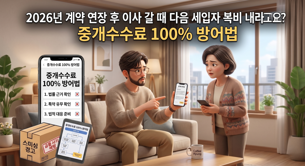 이사 전 집주인이 다음세입자를 구하기 위한 복비요구 방어방법을 재현한 캐릭터 이미지
