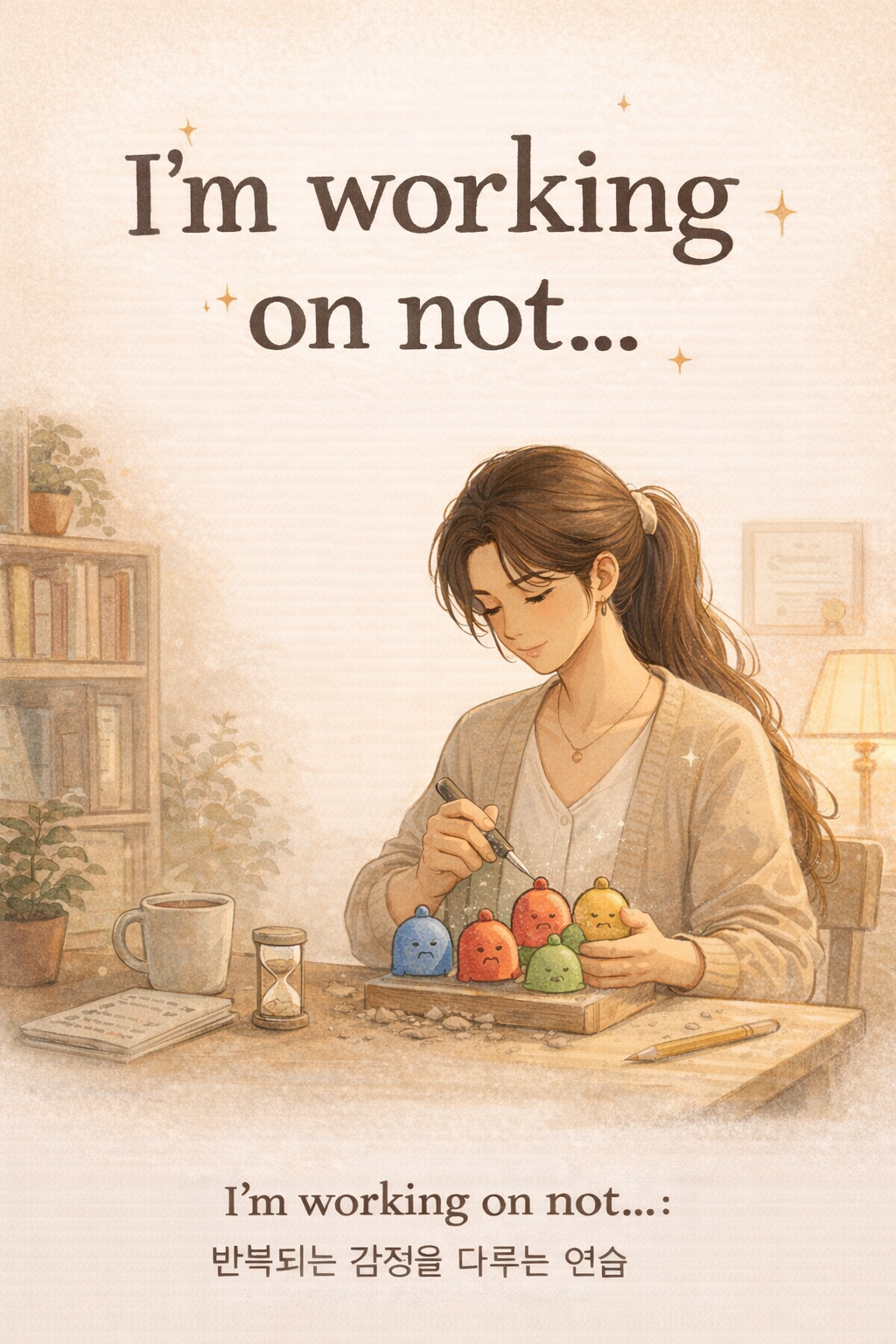 긴 머리를 뒤로 묶은 우아한 여성이 책상 앞에 앉아 여러 색의 감정 오브제를 차분히 다루고 있다. &lsquo;I&rsquo;m working on not&hellip;&rsquo; 문구와 함께 반복되는 감정을 조절하는 연습을 표현한 쉼프학당 영어교실 이미지.