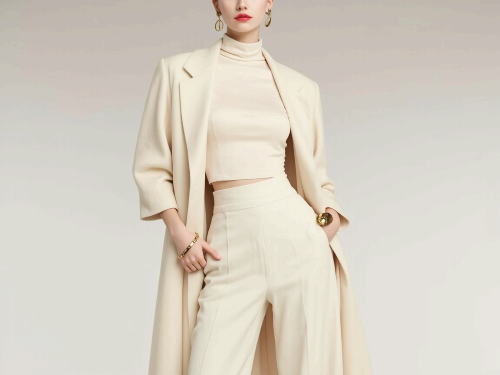 베이지색 트렌치코트, 흰색 티셔츠, 청바지, 스니커즈로 구성된 깔끔한 미니멀 봄 코디