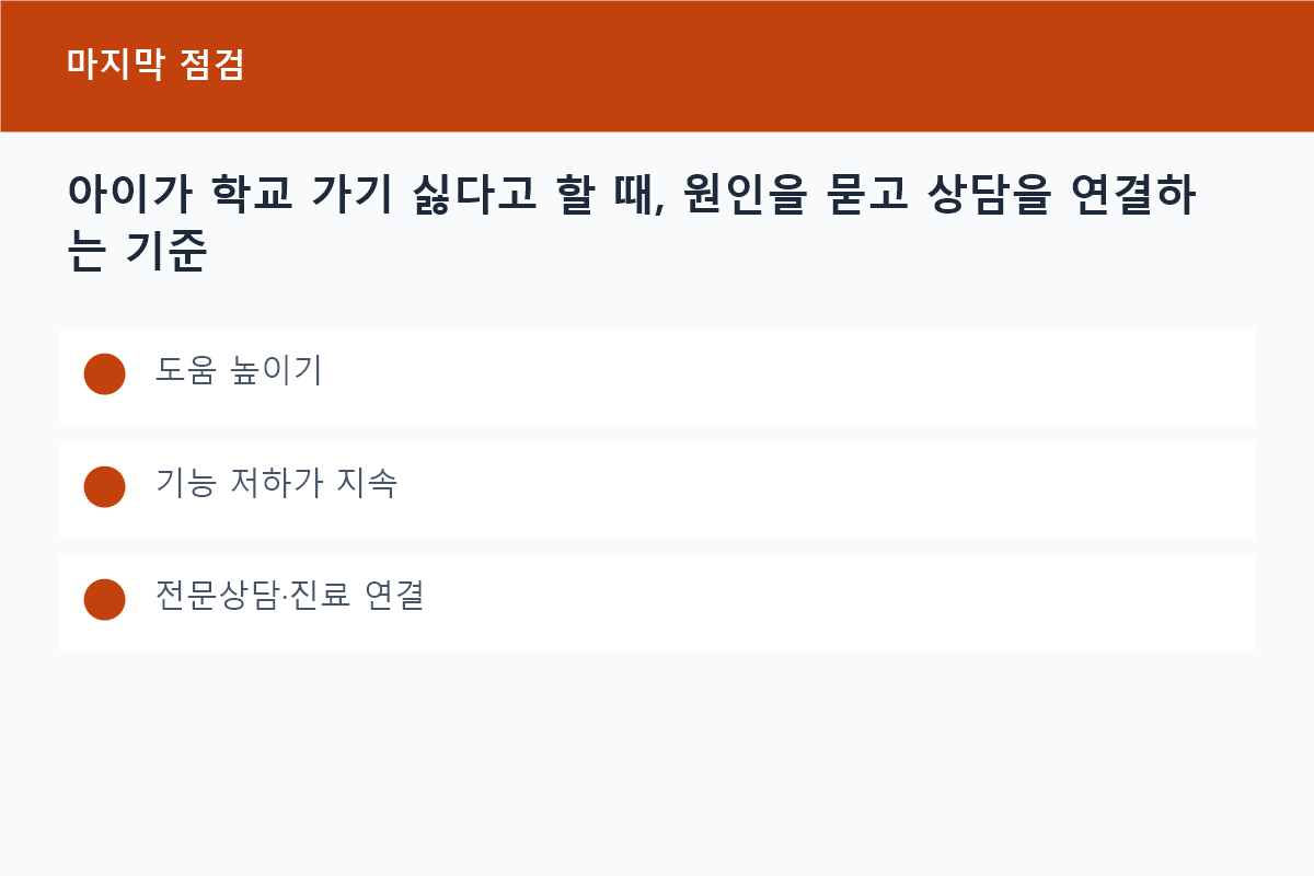 아이가 학교 가기 싫다고 할 때, 원인을 묻고 상담을 연결하는 기준의 도움 높이기 핵심을 정리한 정보 카드