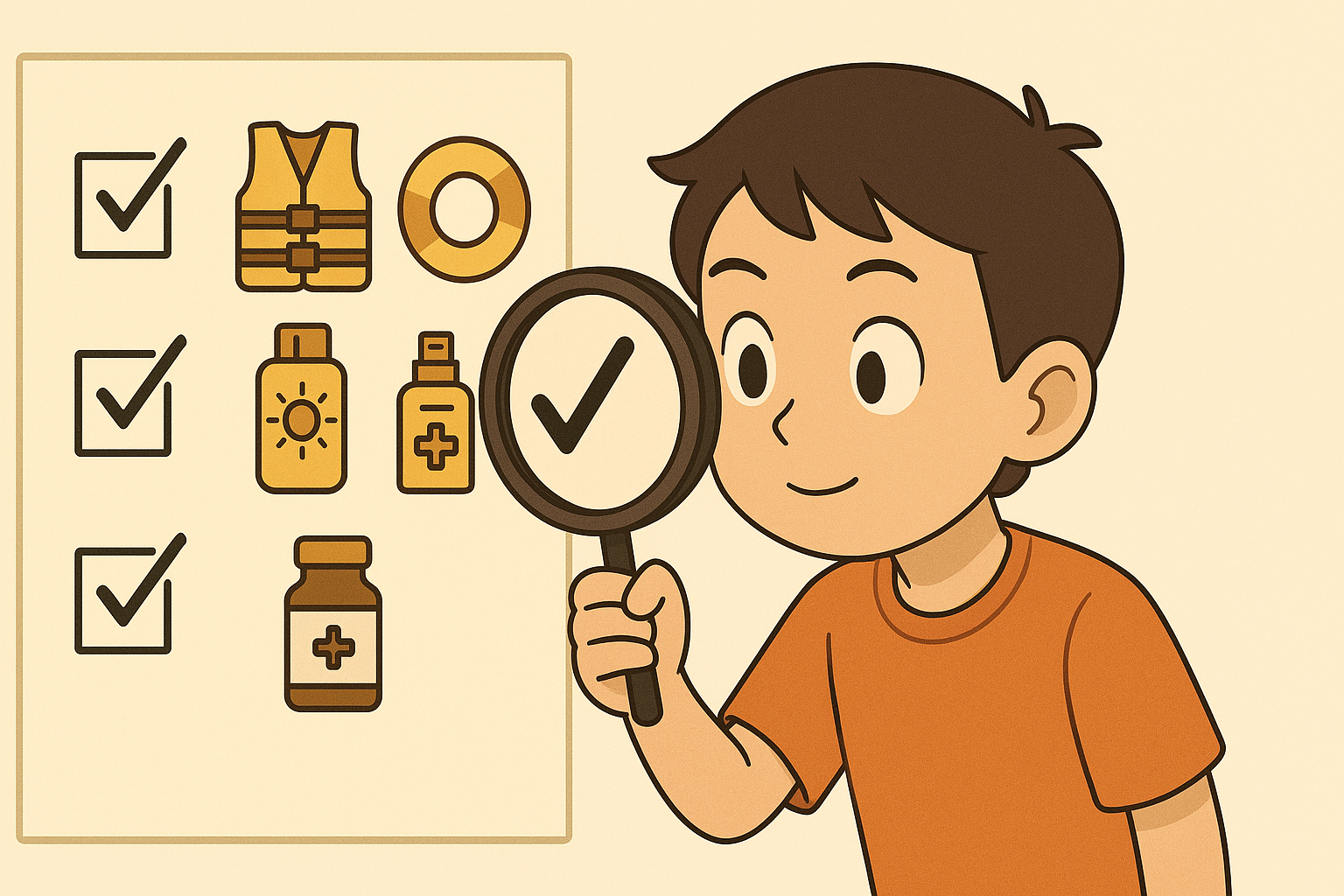 체크리스트를 돋보기로 들여다보는 캐릭터와 함께 구명조끼, 튜브, 선크림, 약품 아이콘이 배열된 일러스트
