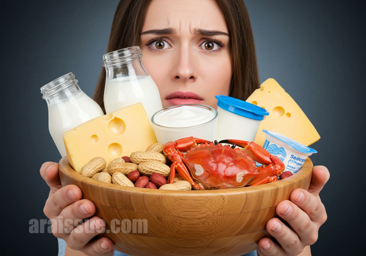 아토피 피부염을 유발할 수 있는 음식들인 땅콩, 유제품, 해산물 등이 담긴 그릇을 들고 걱정하는 표정의 사람.