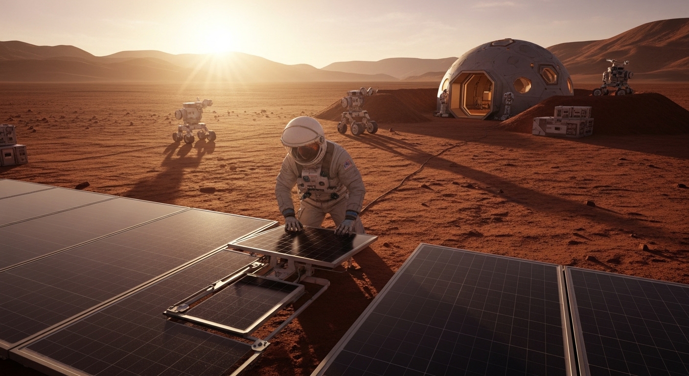 a Korean space technician installing solar panels on the Martian surface at dawn