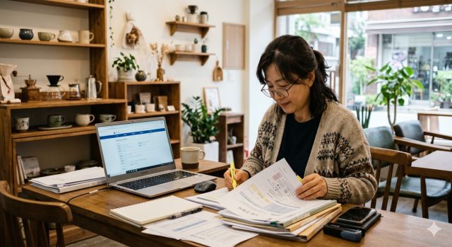 2026 소상공인 추경지원금 신청을 위해 노트북으로 정보를 확인하는 자영업자