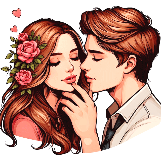 사랑하는 여자와 남자가 따뜻한 입맟춤을 하려고 포즈를 취한다. 두 눈은 모두 감았고 갈색머리 커플이다. 주변에는 분홍 하트가 그려졌다.