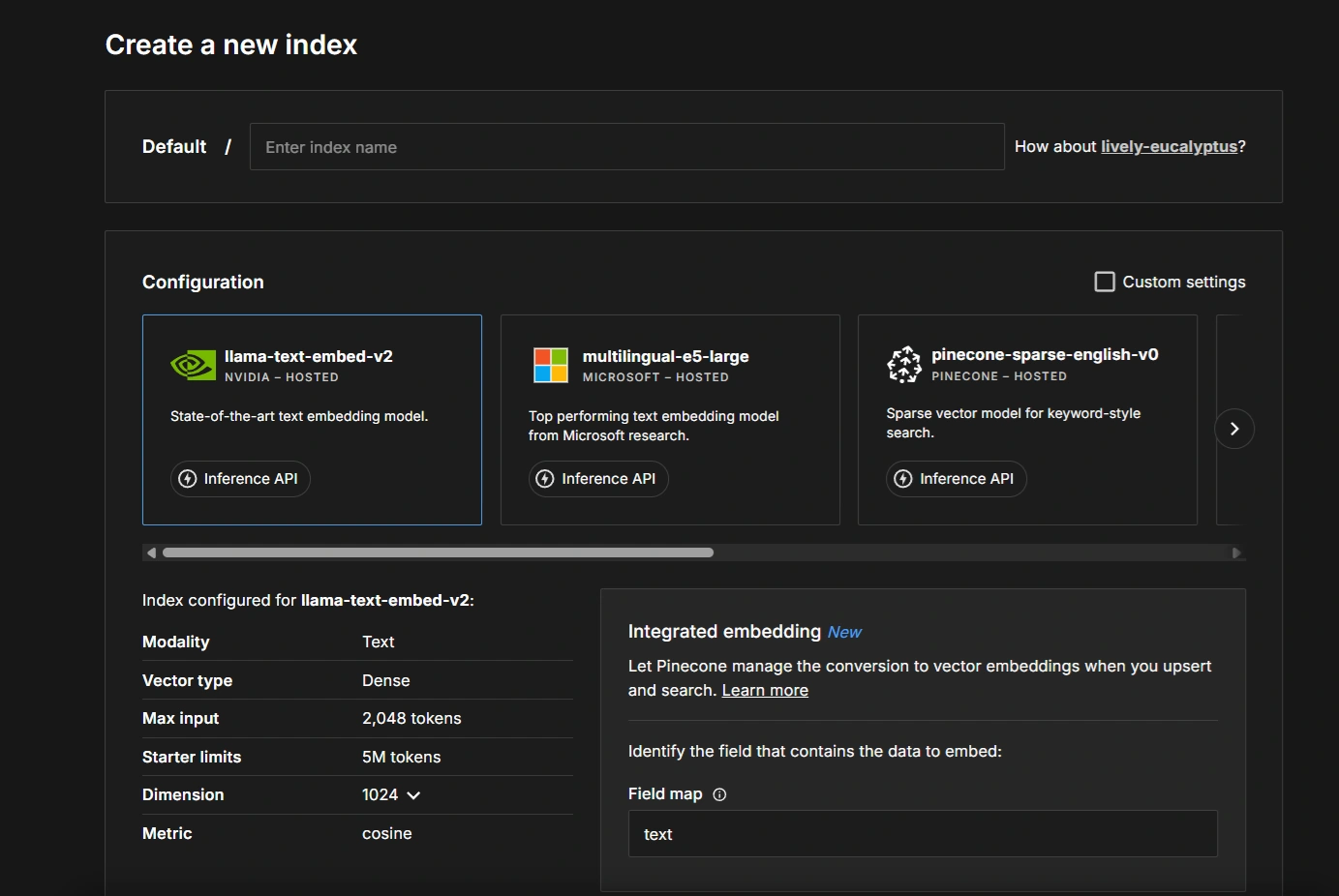 AI 데이터 베이스 PINECONE 모델 설정 화면
