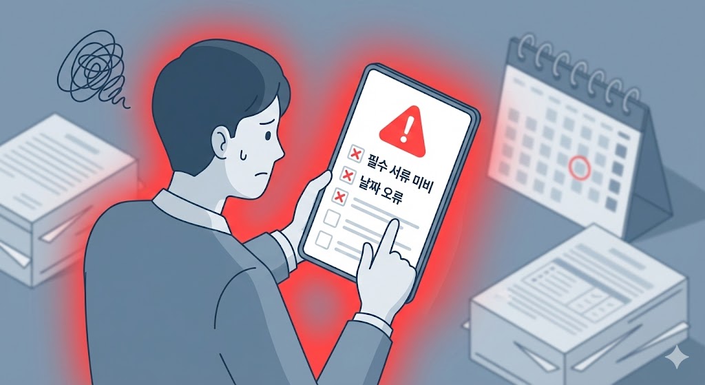 태블릿에서 지원금 신청 체크리스트를 꼼꼼히 확인하며 서류 누락이나 정보 오류를 방지하는 모습, 경고 색상이 강조된 일러스트.