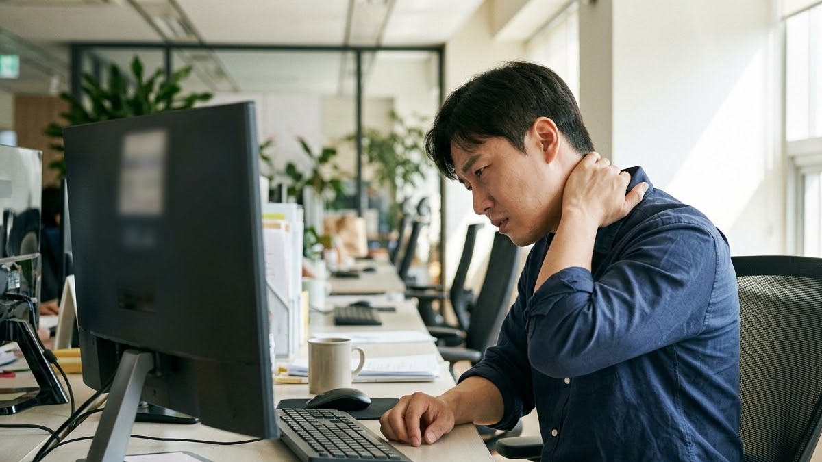 모니터 앞에서 목을 앞으로 내민 채 뒷목을 감싸는 30대 직장인