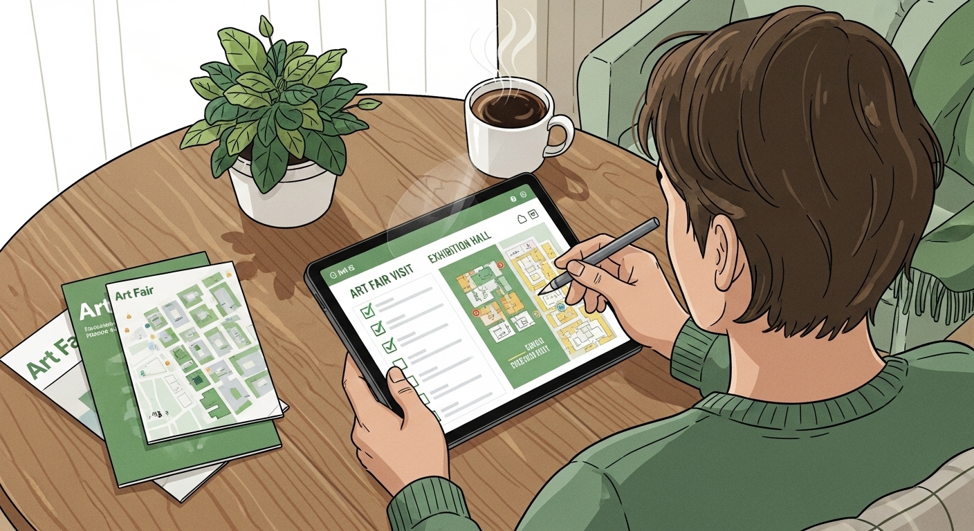 부산일러스트레이션페어 관람 계획을 세우는 사람이 태블릿으로 전시 정보를 확인하고 있는 모습