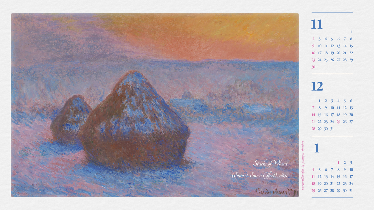 10 건초더미, 눈의 효과, 일몰 B - 2025년12월 노트북배경화면