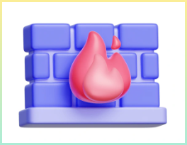 네트워크 방화벽 방어 및 침입 방지를 나타내는 불꽃이 있는 벽돌 벽의 3D 아이콘.