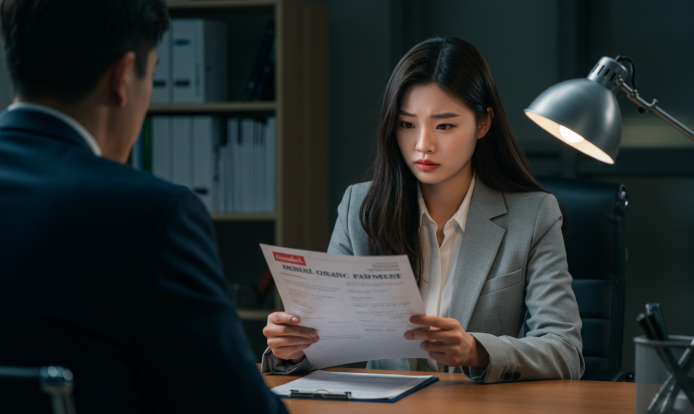 보험금 지급 거절 서류를 지켜보는 여성
