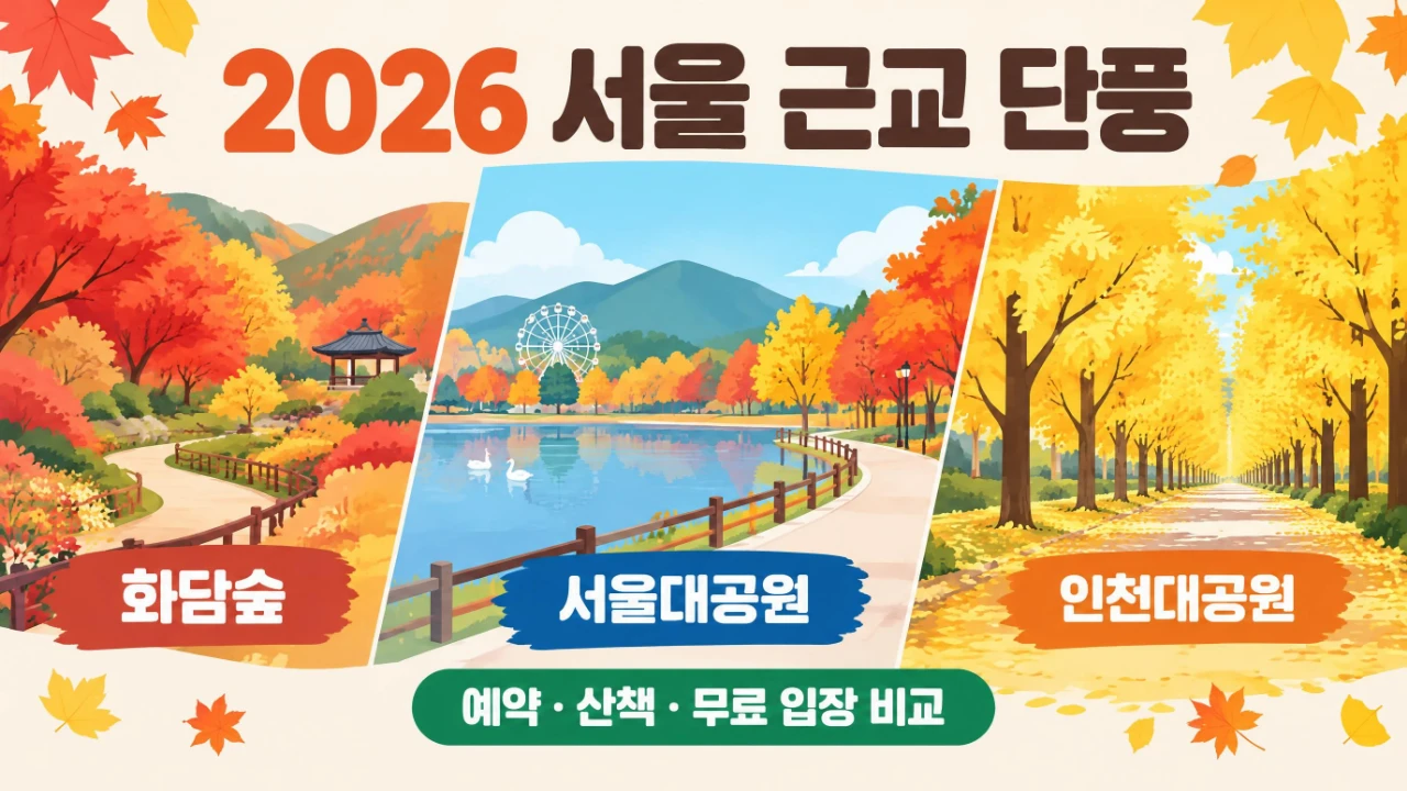 2026 서울 근교 단풍 여행지 화담숲·서울대공원·인천대공원의 특징을 비교한 AI 일러스트