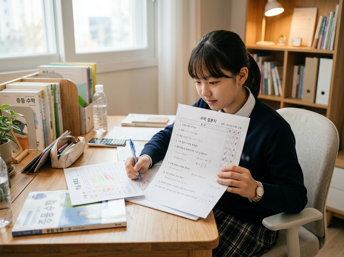 수학 학습 진행 상황을 점검하는 학생