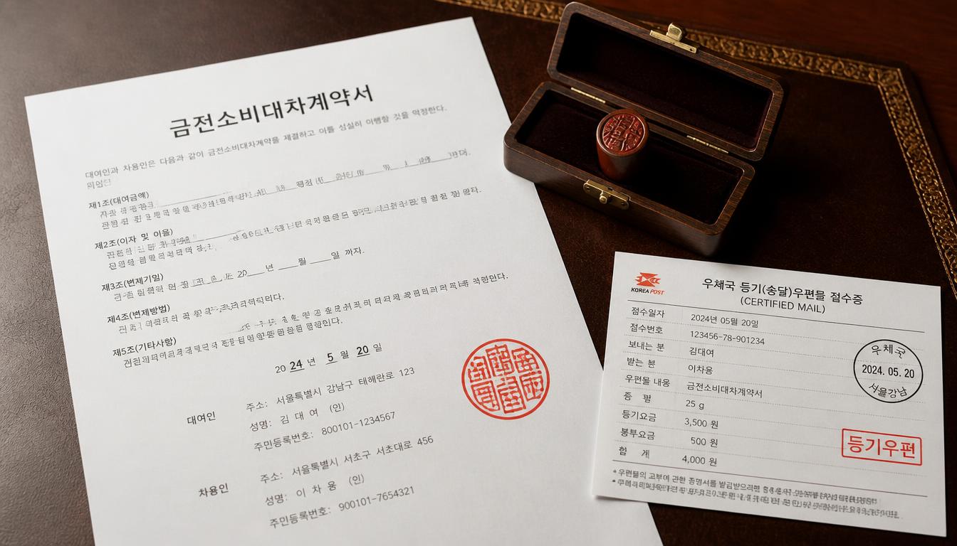 묵직한 가죽 데스크 매트 위에 붉은 인감도장 날인이 선명한 금전소비대차계약서와 목재 도장함, 내용증명 서류가 정갈하게 놓여 있는 법률 문서 매크로 컷.