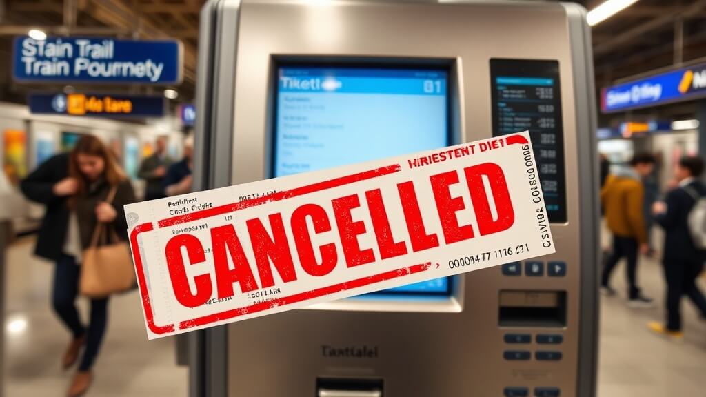 기차역 발권기 앞에 버려지거나 취소된 기차표, 그리고 망연자실한 표정으로 전광판을 바라보는 여행객들의 모습.