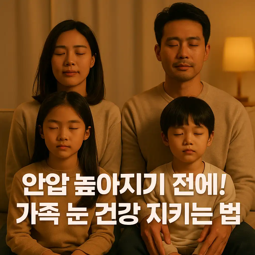 안압 상승 예방을 위해 가족이 함께 눈을 감고 눈 휴식을 취하는 모습