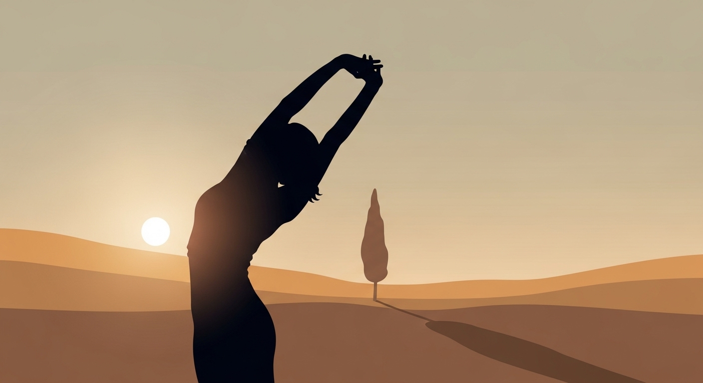 부드러운-햇살-아래-야외에서-부드럽게-뻗어-나가는-사람의-실루엣을-보여주고-있습니다.