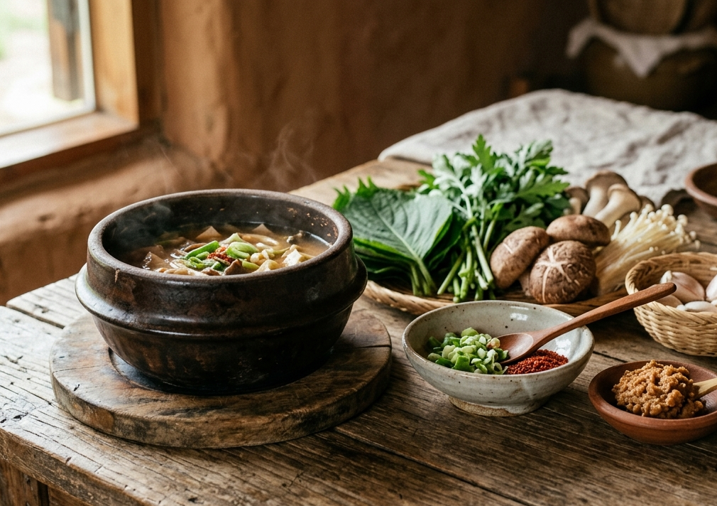 고풍스러운 원목 식탁 위 김이 피어오르는 흙 뚝배기 찌개와 표고버섯, 쑥갓, 된장 양념이 단정하게 차려진 한식 상차림