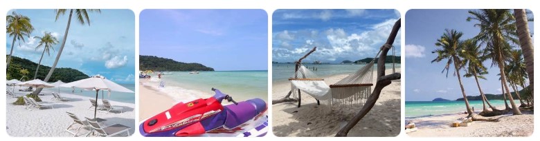 푸꾸옥 사오 비치의 순백 모래 해변과 야자수, 해양 액티비티와 해먹이 어우러진 풍경