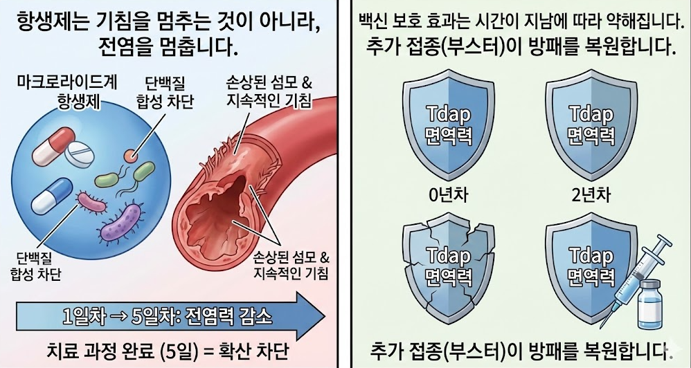 Tdap 백신 면역력이 시간 경과에 따라 감소하고 추가 접종으로 회복되는 과정을 설명한 예방 인포그래픽