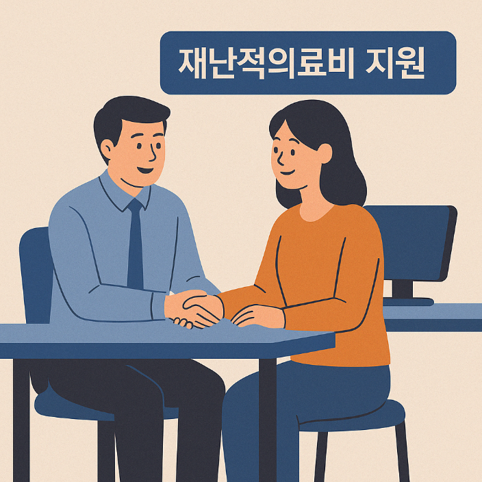 재난적의료비 지원 문구와 함께 따뜻하게 상담하는 건강보험공단 직원과 신청자 모습