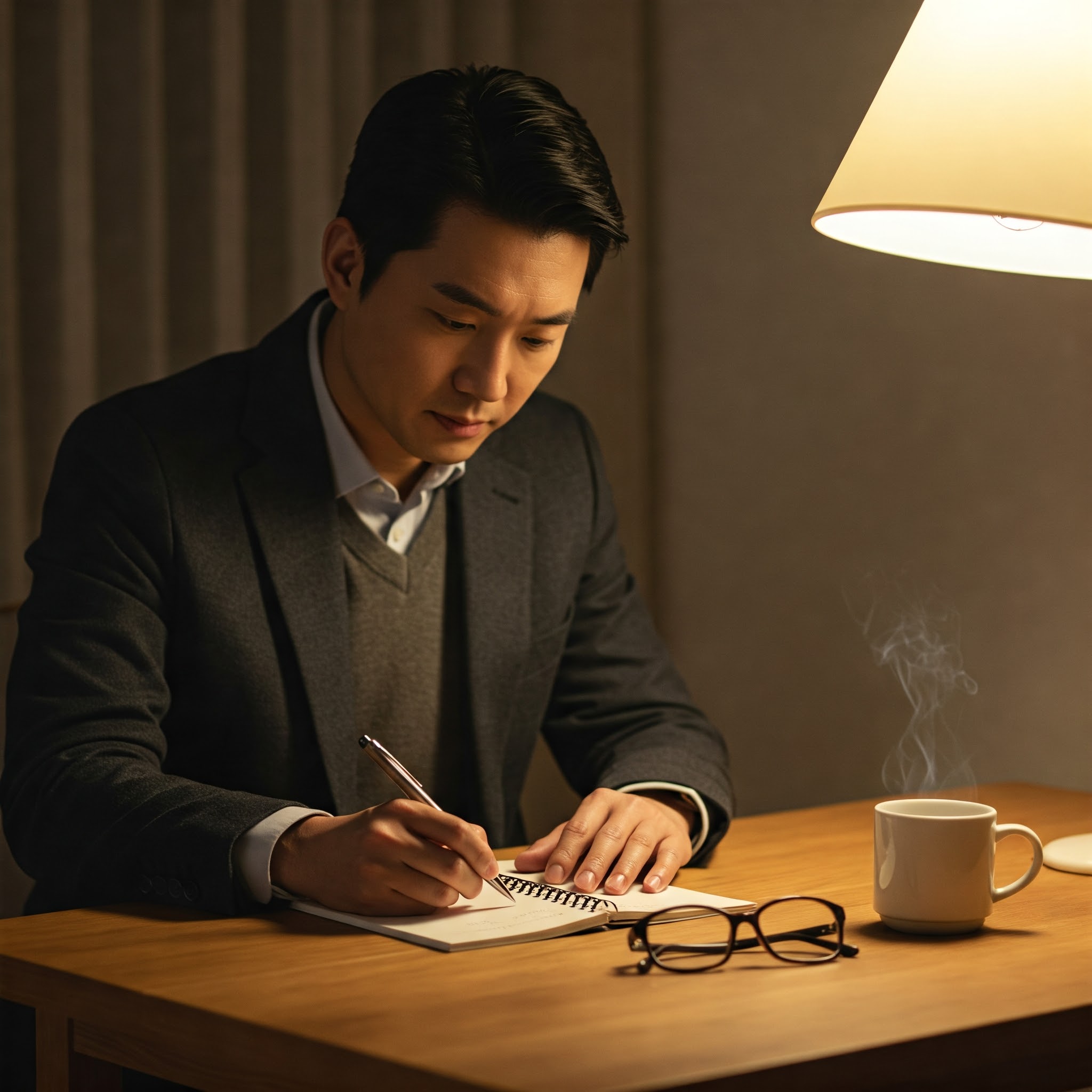 자아 탐색을 위해 자기 성찰 일기를 작성하는 모습, 감정을 정리하며 내면을 탐구하는 과정을 시각적으로 표