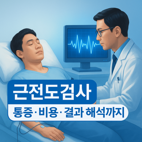 근전도검사를 받는 성인이 누워 있고 의사가 기계를 조작하는 검사실 전경 이미지