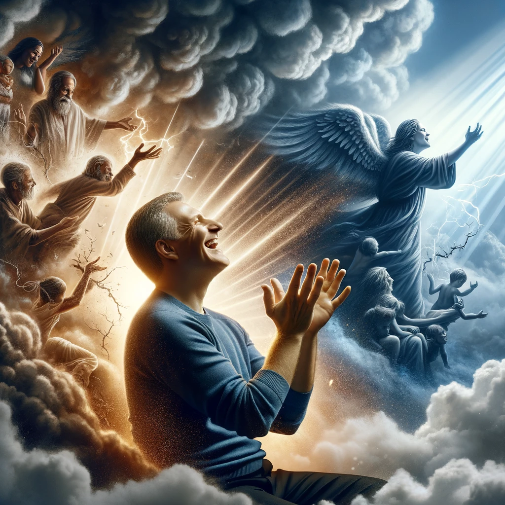 Here is the image depicting a person who, despite feeling downhearted and having difficulties, is expressing joy and faith by clapping their hands and shouting to the Lord.