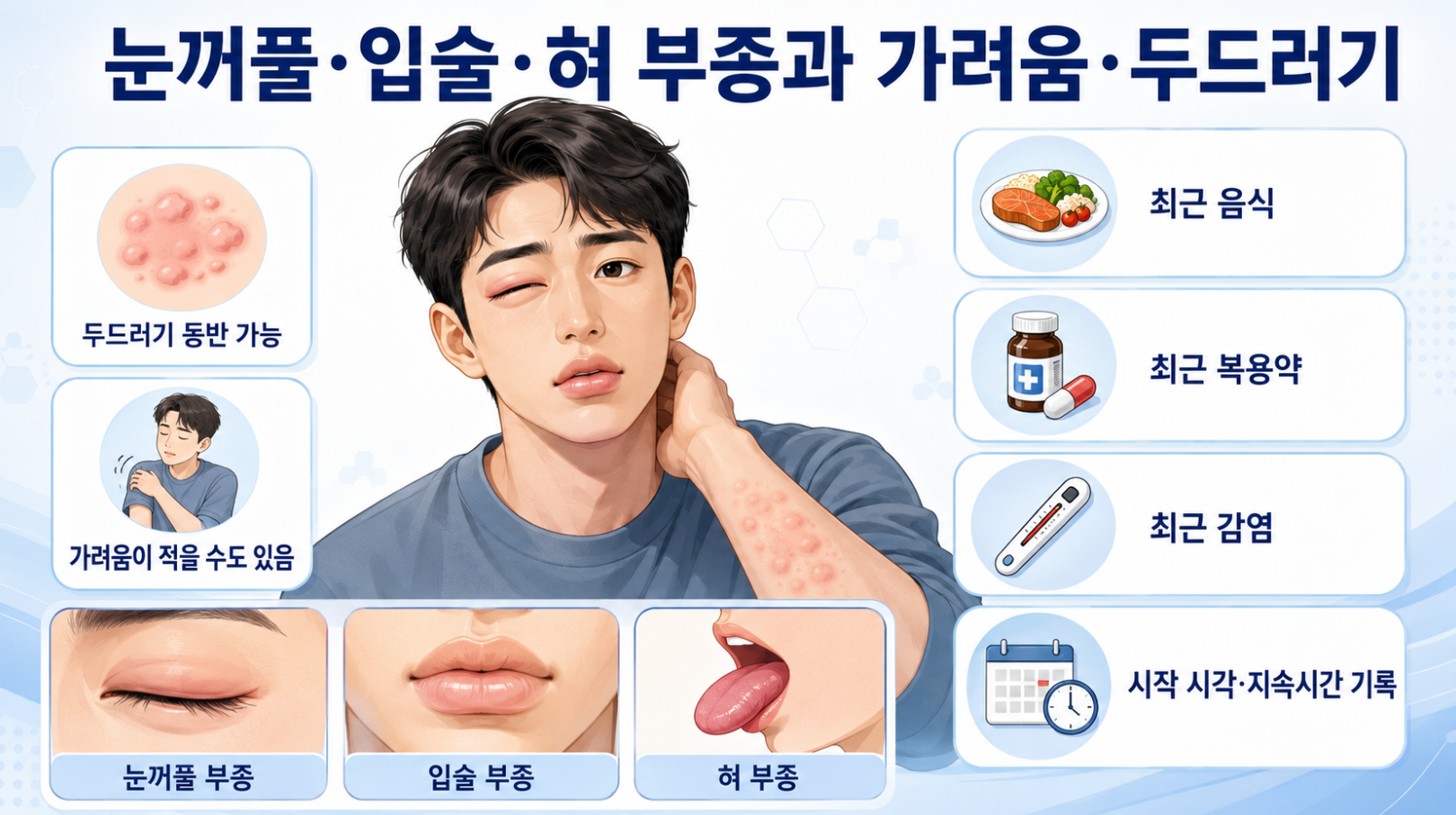 눈꺼풀&middot;입술&middot;혀 부종과 가려움&middot;두드러기, 최근 음식&middot;복용약&middot;감염 확인