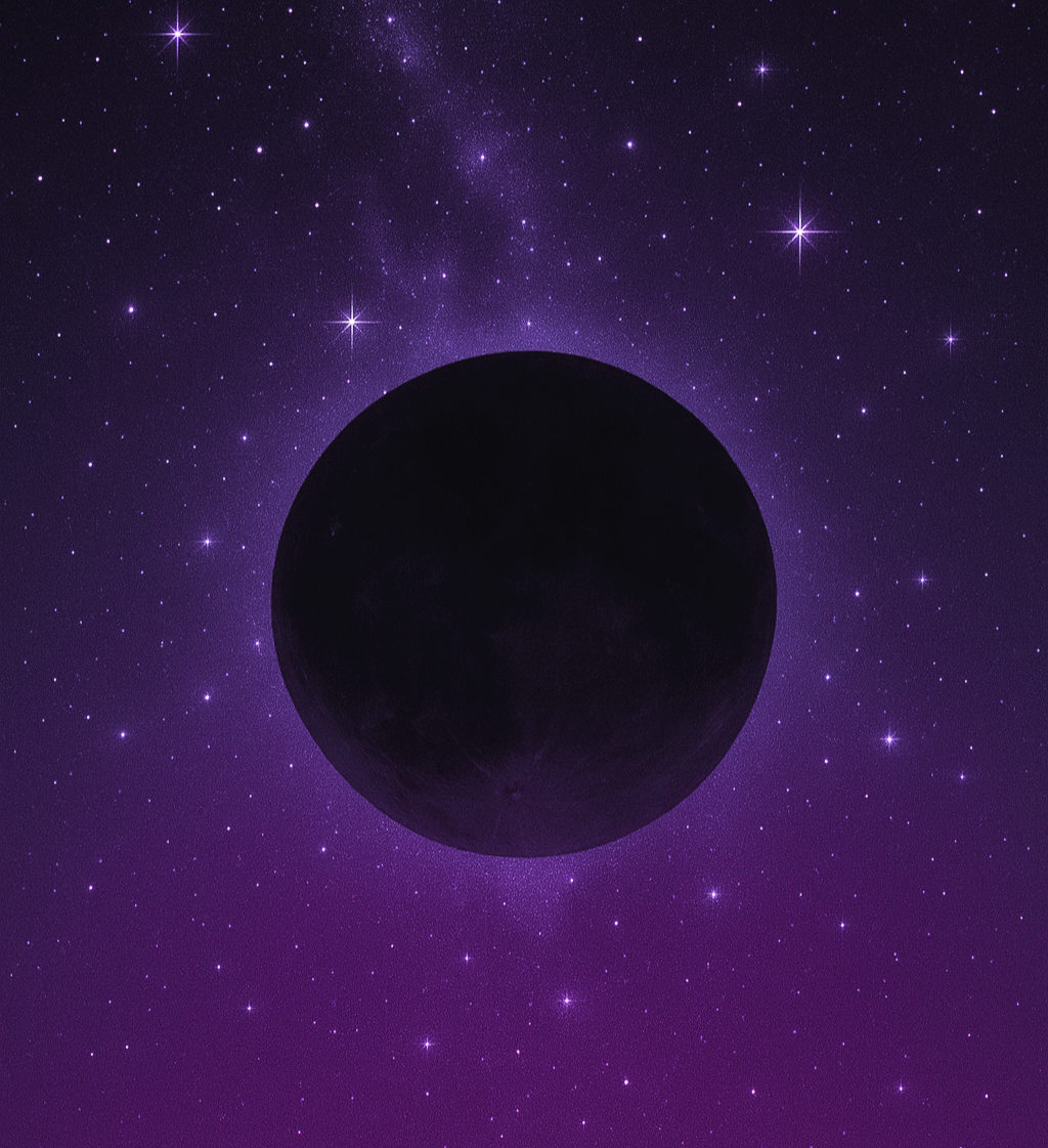 보라빛 도는 밤하늘 별이 반짝이고 검은 달이 떠있다