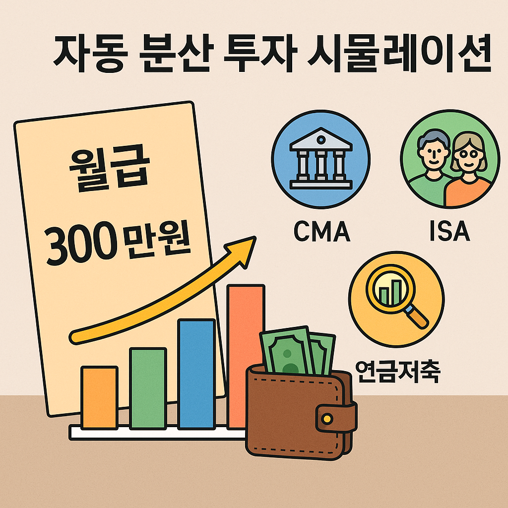 월급 300만원을 다양한 투자 계좌에 자동 분산하는 장면을 시각화한 이미지