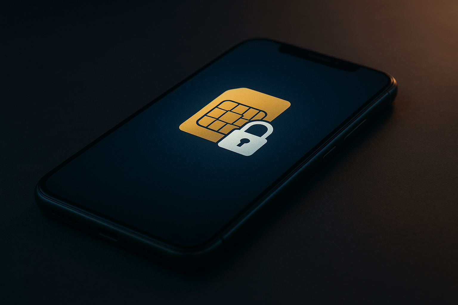 A 3D-rendered digital image depicts a modern smartphone lying on a dark surface, with a SIM card and padlock icon glowing on the screen, symbolizing SIM lock security under moody lighting.