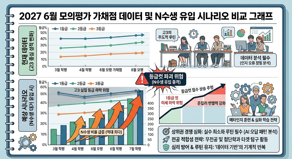 2027학년도 6월 모의평가 가채점 데이터와 N수생 유입에 따른 등급 하락 시나리오를 비교 분석