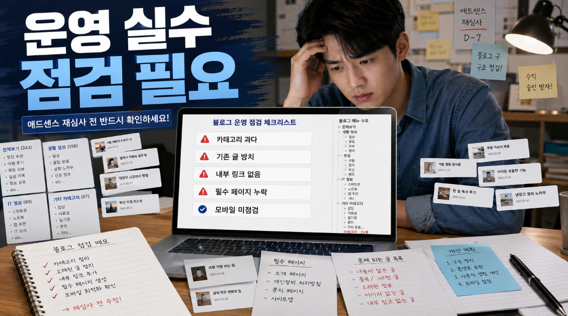 티스토리 블로그에서 카테고리 과다 기존 글 방치 내부 링크 부족 필수 페이지 누락 문제를 점검하는 상황 이미지