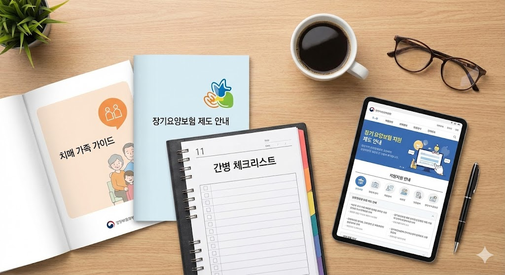 깔끔한 책상 위에 놓인 장기요양보험 안내서와 다이어리