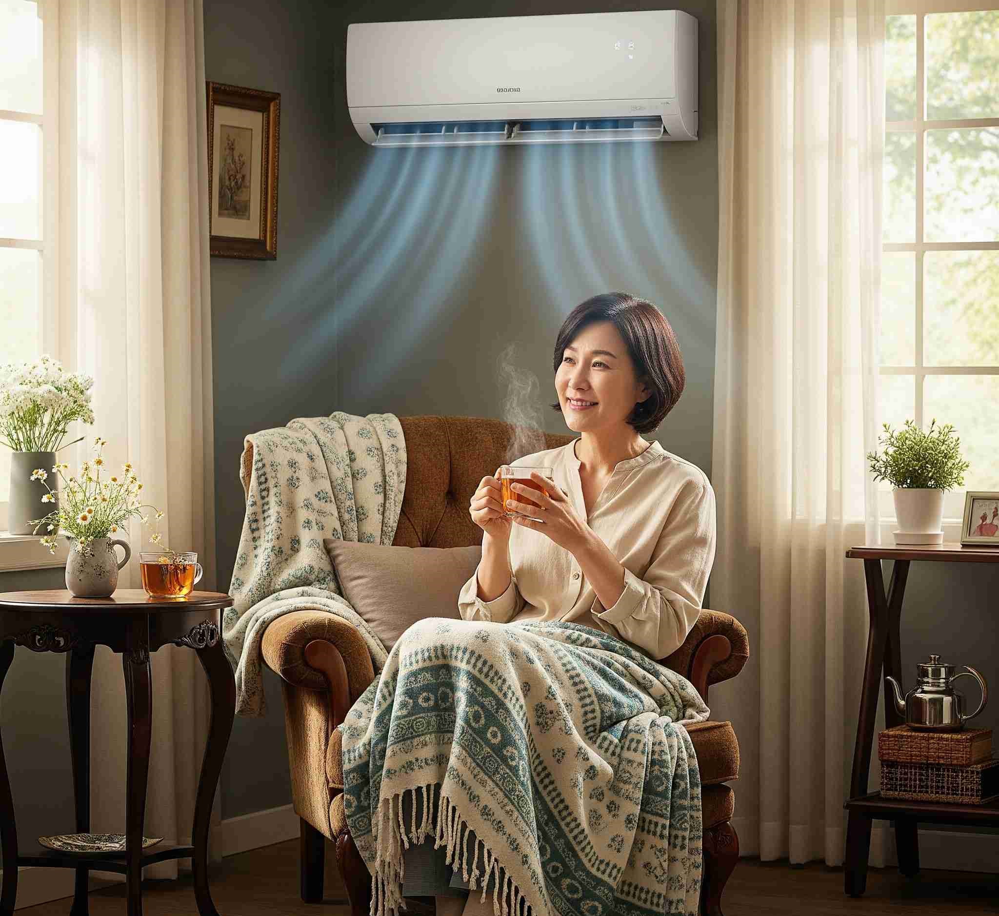 여름 에어컨 바람 아래 냉방병 및 관절 건강 예방을 위해 따뜻한 차와 담요를 활용하는 모습