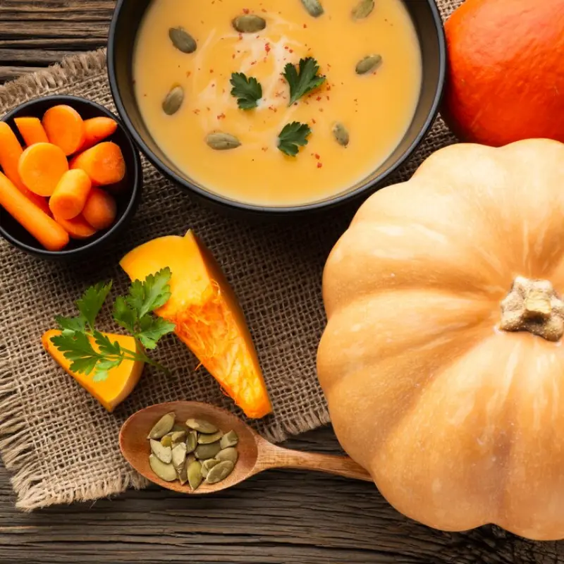 그릇에 담긴 호박 스프와 호박, 호박씨