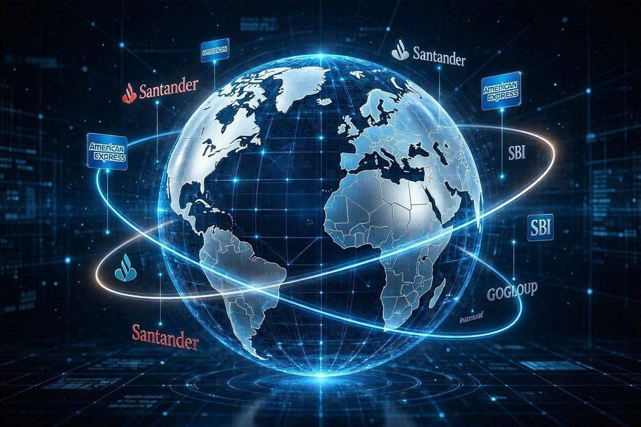 A sophisticated image featuring the logos of major partners, such as Amex and Santander, floating on a digital globe.