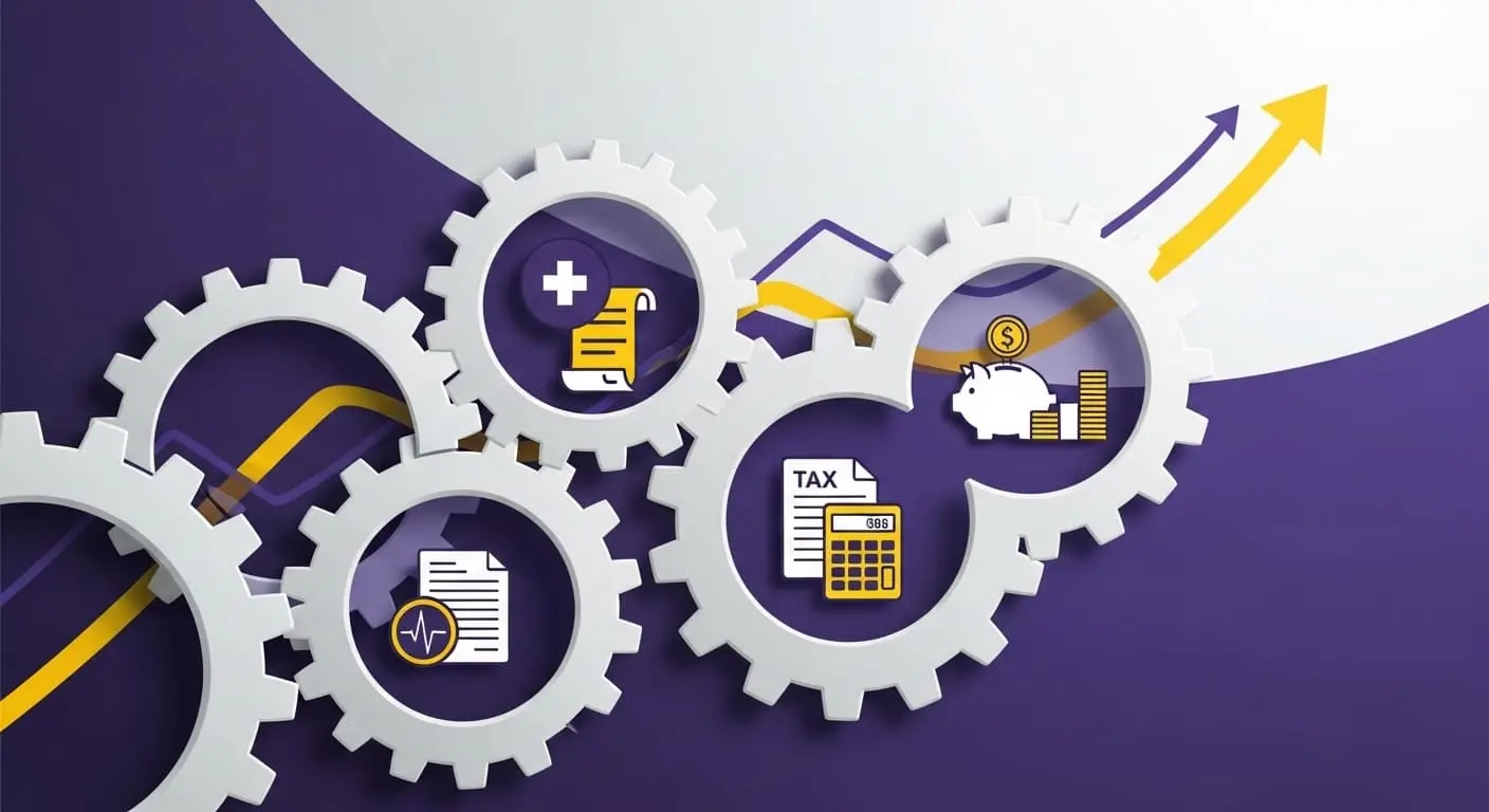 의료비, 세금 공제, 저축 계좌를 상징하는 아이콘들이 원활하게 맞물려 돌아가며 모야모야병 환자의 재정 계획과 절세 혜택을 시각화한 이미지.