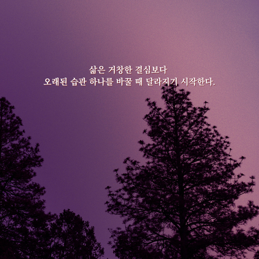 삶은 거창한 결심보다 오래된 습관 하나를 바꿀 때 달라지기 시작한다. - 감성 글귀 이미지