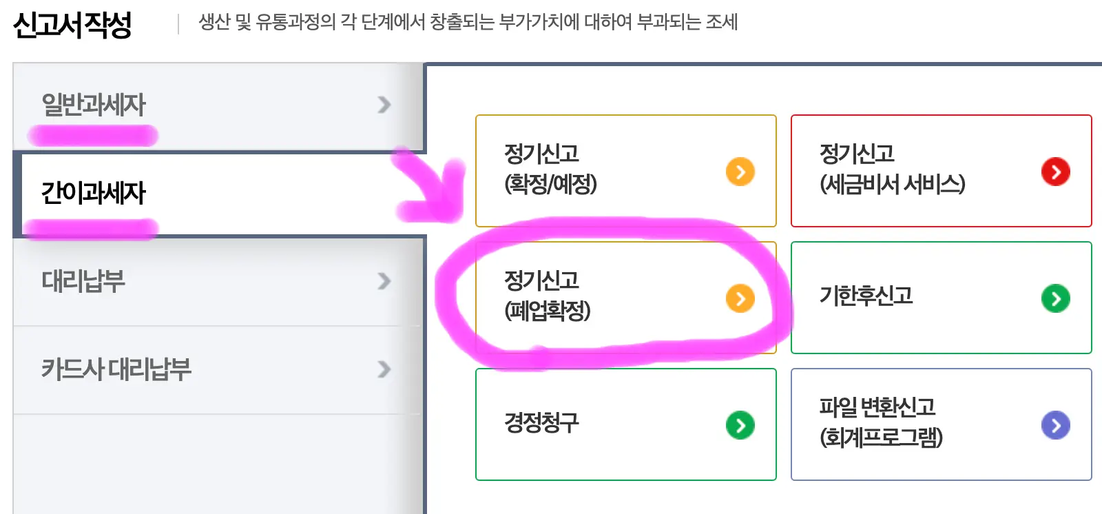 일반과세자 및 간이과세자 중 선택 후 정기 신고(폐업 확정)에 들어가 줍니다.