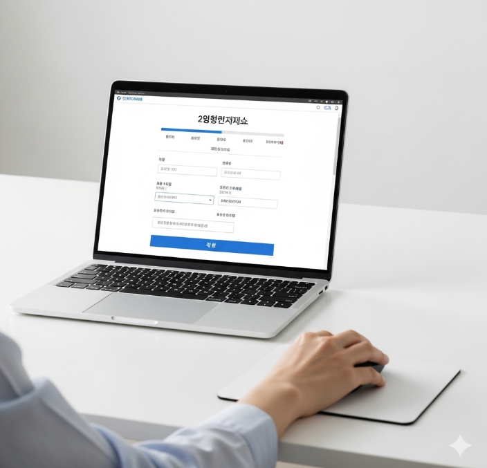 깔끔한 책상 위, 노트북 화면에 2차 민생지원금 신청 페이지가 열려 있다. 사용자가 마우스로 신청 버튼을 누르려는 모습이다.